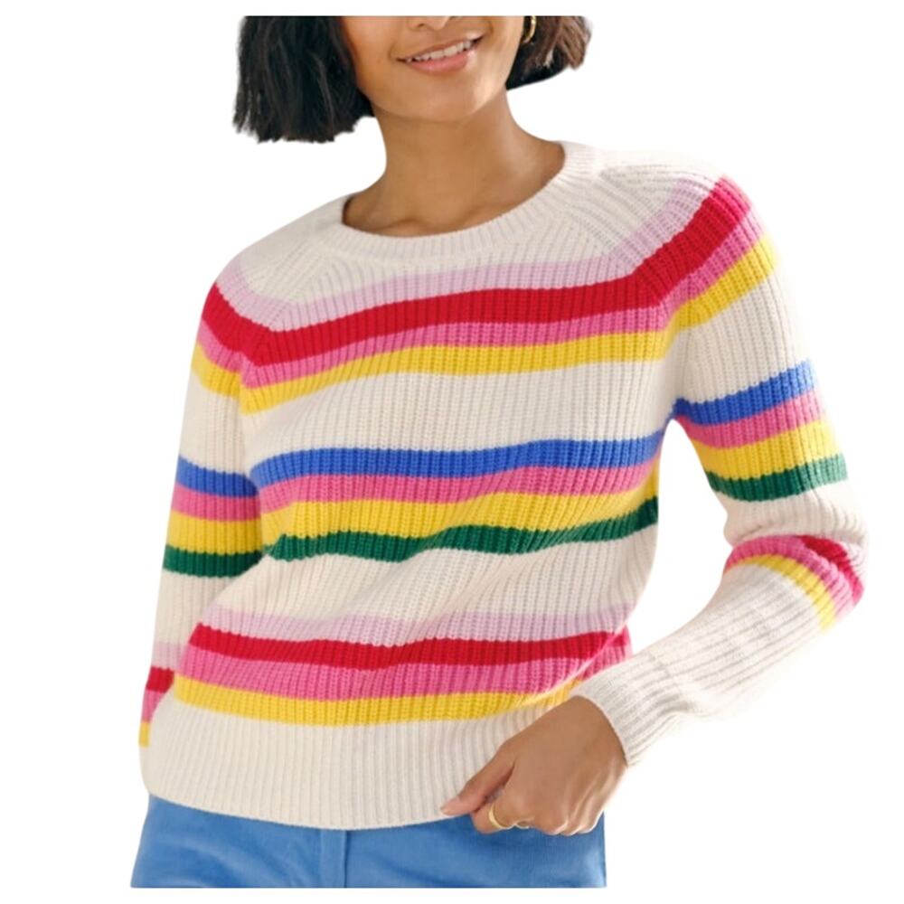 White + Warren Multi Stripe Cotton Rib Crewneck Sweater Women Size M